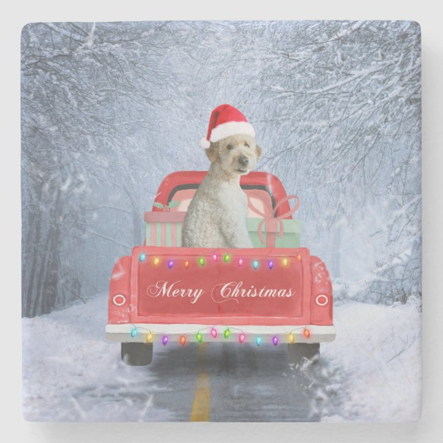 Posavasos De Piedra Perro goldendoodle en Nieve sentado en Navidades (Anverso)