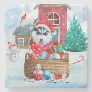 Posavasos De Piedra Perro Husky Siberiano en casa de perros de Navidad