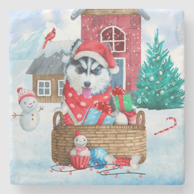 Posavasos De Piedra Perro Husky Siberiano en casa de perros de Navidad (Anverso)