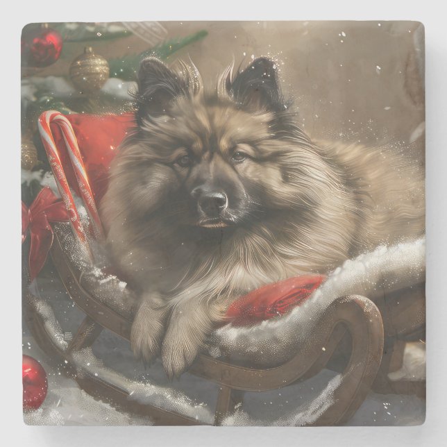 Posavasos De Piedra perro keeshond Navidad festiva (Anverso)