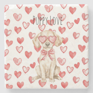Posavasos De Piedra Perro Labrador Crema con Lazo de Corazones Rojos