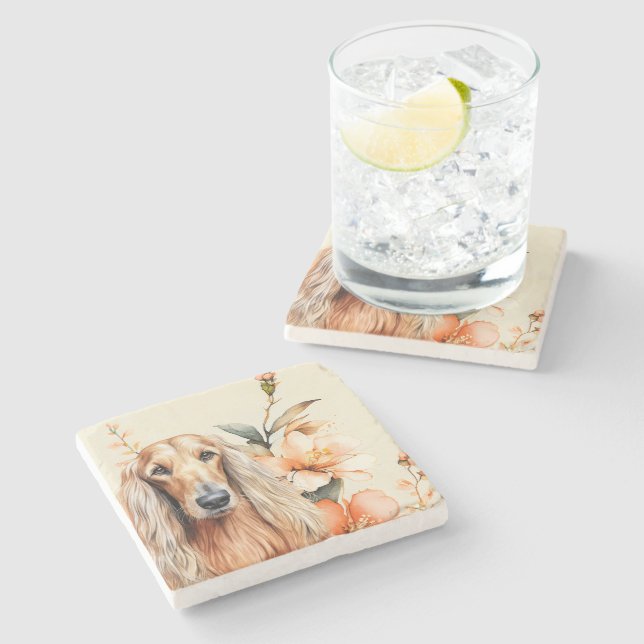 Posavasos De Piedra Perro Lebrel Afgano y Lirios de Melocotón (Lateral)