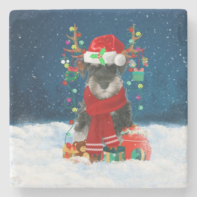 Posavasos De Piedra Perro Schnauzer en nieve con regalos de Navidades (Anverso)