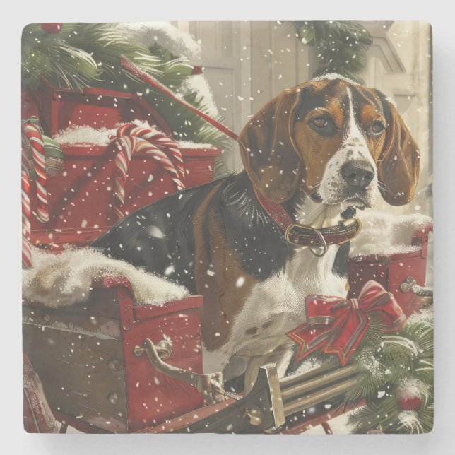 Posavasos De Piedra Perro Treeing Walker Coonhound Navidad Festiva (Anverso)