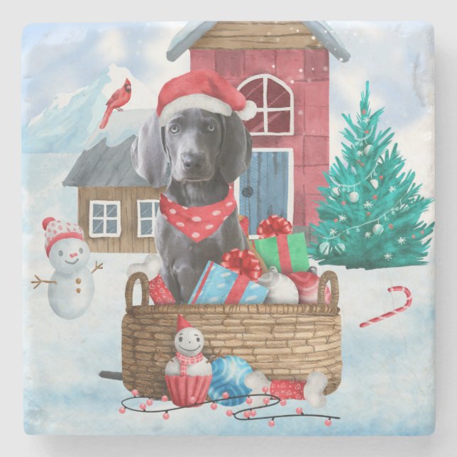 Posavasos De Piedra Perro Weimaraner en la Casa de Perros de Navidades (Anverso)