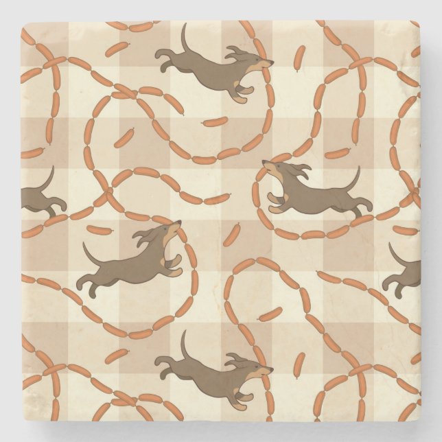 Posavasos De Piedra perros afortunados con el fondo de las salchichas (Anverso)