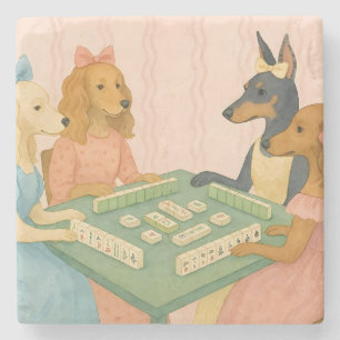 Posavasos De Piedra Perros antiguos y lindos jugando Mahjong