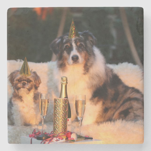 Posavasos De Piedra Perros celebrando Año Nuevo (Anverso)