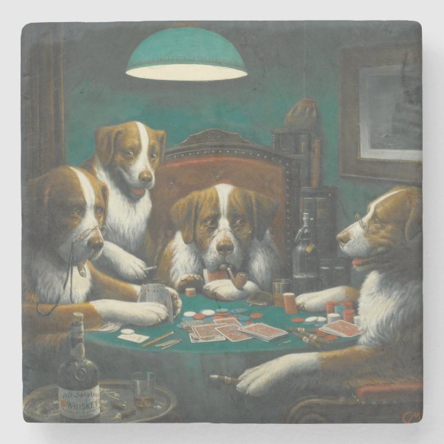 Posavasos De Piedra Perros San Bernardo Jugando Póquer (Anverso)