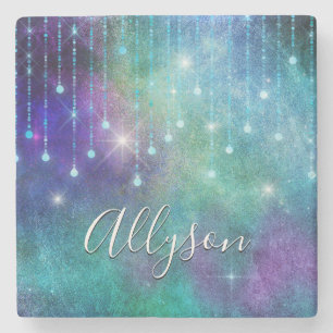 Posavasos De Piedra Personaliza nombre, morado y azul turquesa, luces