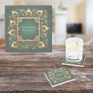 Posavasos De Piedra Personalizable de marco de pavo real dorado verde