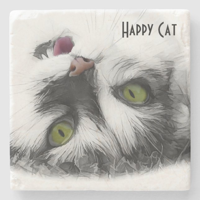 Posavasos De Piedra Personalizable fresco de Gato Feliz (Anverso)