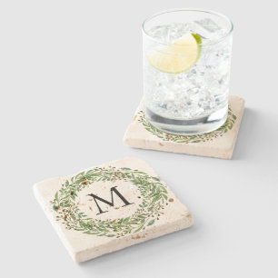 Posavasos De Piedra Personalizado Clásico Laurel Verde Wreath Leath P