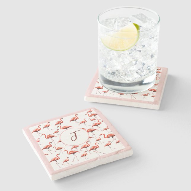 Posavasos De Piedra Personalizado de diseño Flamingo rosa familia Mono (Lateral)