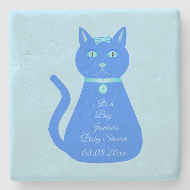 Posavasos De Piedra Personalizado de gato de niño pequeño azul (Anverso)