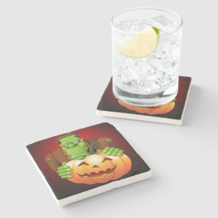 Posavasos De Piedra Personalizado Frankenstein con Calabaza