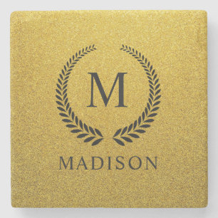 Posavasos De Piedra Personalizado Monograma Dorado Negro y Brillante D