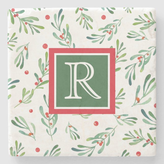 Posavasos De Piedra Personalizado Monograma Foliage de Navidades rojos (Anverso)