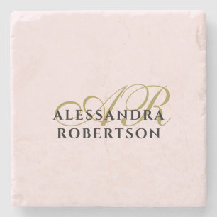 Posavasos De Piedra Personalizado Monograma Pastel Oro Rosa Negro Mini