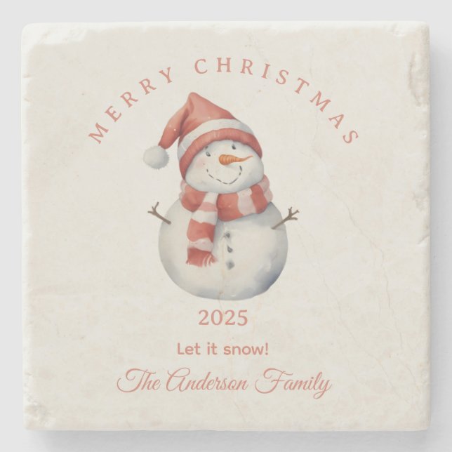 Posavasos De Piedra Personalizado Navidades de acuarela de Snowman vív (Anverso)