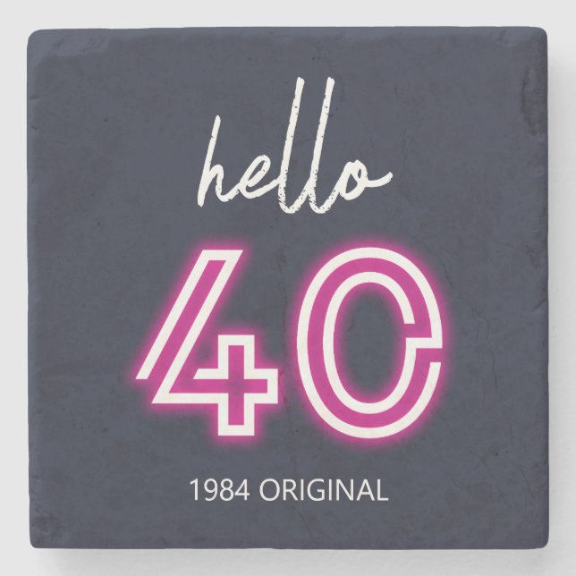 Posavasos De Piedra Personalizado Neon Hello Cuarenta Cumpleaños (Anverso)