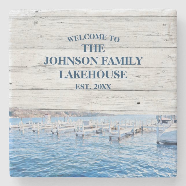 Posavasos De Piedra Personalizado Nombre Familia Lake House Coaster (Anverso)