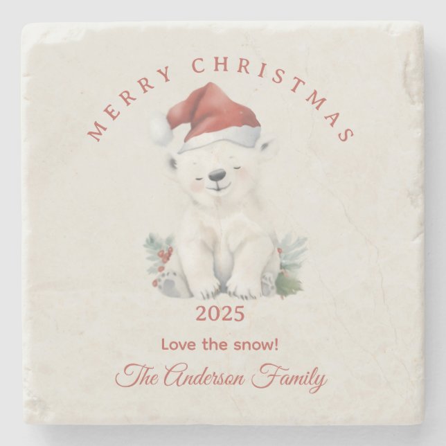 Posavasos De Piedra Personalizado oso polar Navidades de acuarela víbo (Anverso)