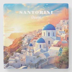 Posavasos De Piedra Personalizado Texto Santorini Grecia Atardecer