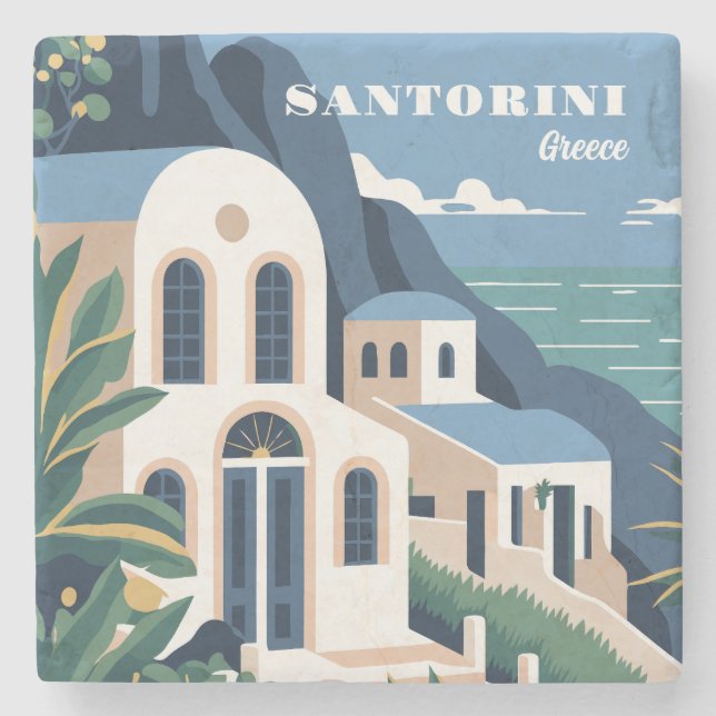 Posavasos De Piedra Personalizado Textos Santorini Grecia (Anverso)