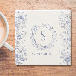 Posavasos De Piedra Personalized Classic Blue Flowers Floral Pattern