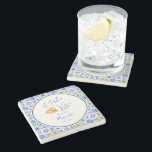 Posavasos De Piedra Personalized Newlywed Mediterranean Coastal Home<br><div class="desc">A stone coaster for newlywed's home featuring Mediterranean tile patterns, elegant script calligraphy, and a playful watercolor gelato ice cream design. Inspired by Italian coastal home decor and the sunny charm of the Amalfi Coast, this modern stylish bar accessory captures the spirit of la dolce vita with bright blue and...</div>
