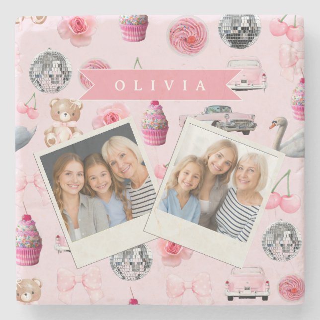 Posavasos De Piedra Personalized Pink Coquette Retro Cute Teddy Bear  (Anverso)