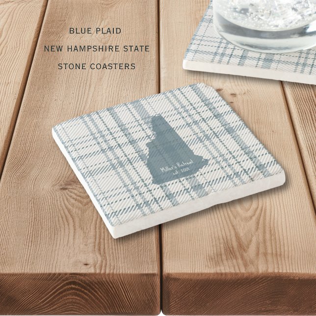 Posavasos De Piedra Personalized Plaid New Hampshire Granite State  (Personalize these casual blue plaid New Hampshire state coasters. Perfect for cabins or lake house!)