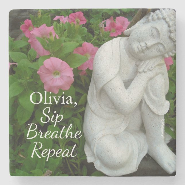 Posavasos De Piedra Personalized Sip Breathe Repeat Buddha Zen – Name (Anverso)