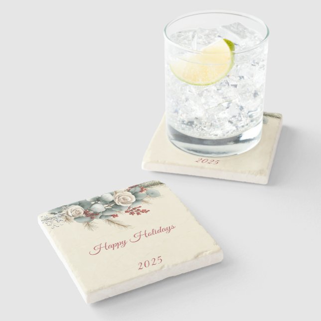 Posavasos De Piedra Personalized Woodland Happy Holidays (Lateral)