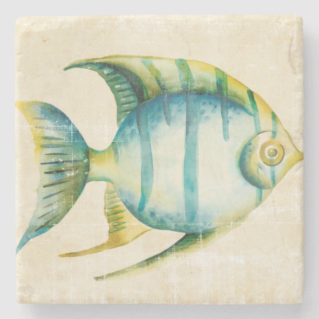 Posavasos De Piedra Pescado acuario azul y amarillo (Anverso)