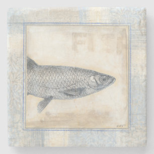 Posavasos De Piedra Pescado gris en fondo beige