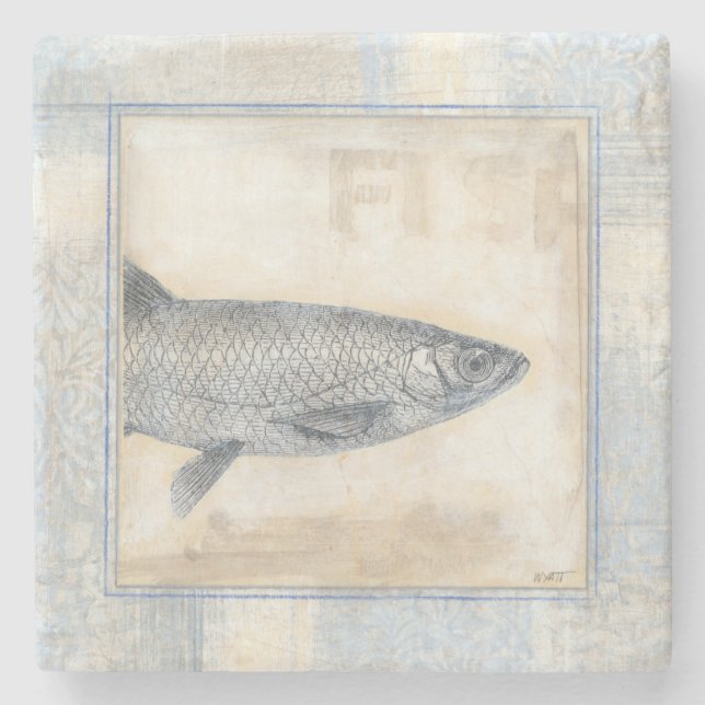 Posavasos De Piedra Pescado gris en fondo beige (Anverso)