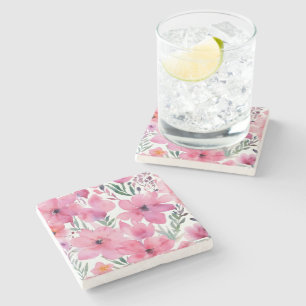 Posavasos De Piedra Pétalos rosados Flores pintadas con acuarela