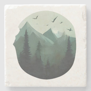 Posavasos De Piedra Picos tranquilos: Aves en un paisaje montañoso