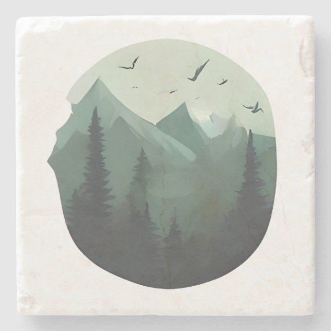 Posavasos De Piedra Picos tranquilos: Aves en un paisaje montañoso (Anverso)