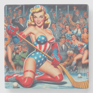 Posavasos De Piedra Pin-up de hockey retro
