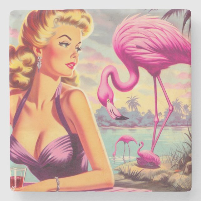 Posavasos De Piedra Pin-up Flamingo Tropical (Anverso)