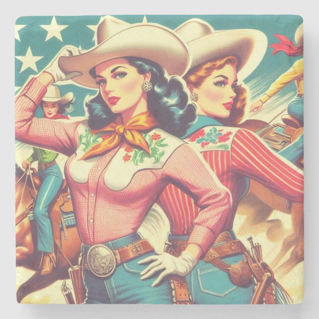 Posavasos De Piedra Pin-ups Retro Cowgirls (Anverso)