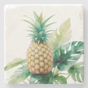 Posavasos De Piedra Piña dorada con acuarela de Monstera Tropical