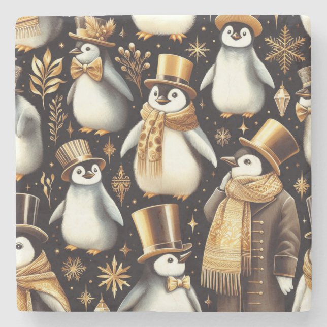 Posavasos De Piedra Pingüino negro y dorado (Anverso)