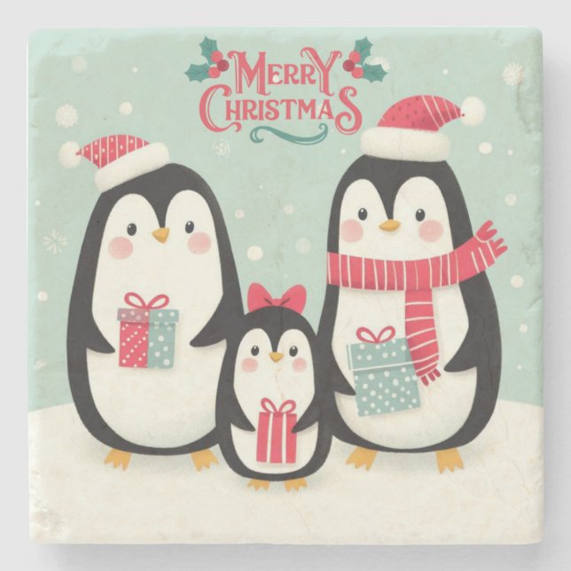 Posavasos De Piedra Pingüinos nevados de Feliz Navidad (Anverso)