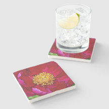 Pink Bee Peony Stone Coaster