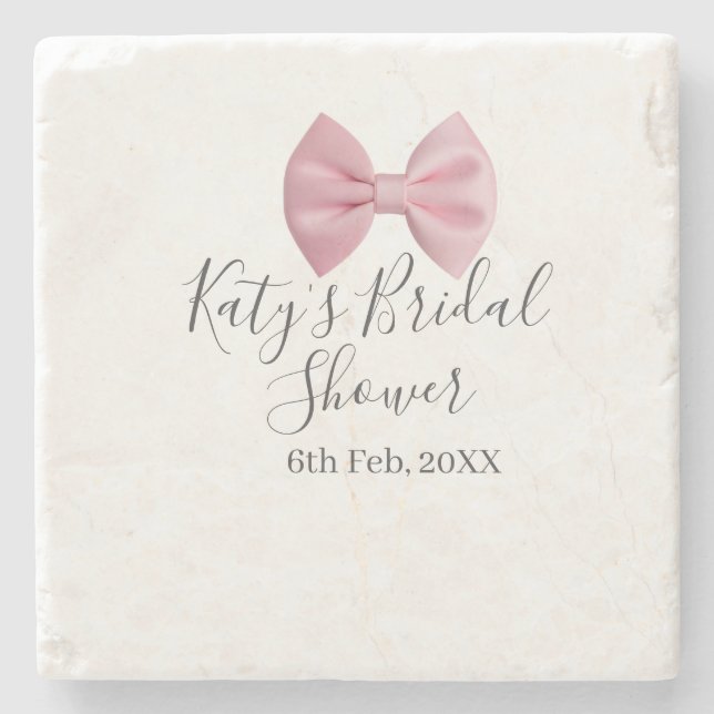 Posavasos De Piedra Pink bow bridal shower name date pastel stylish te (Anverso)