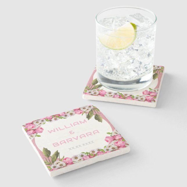 Posavasos De Piedra Pink Elegant Floral Drink Coaster Design (Lateral)